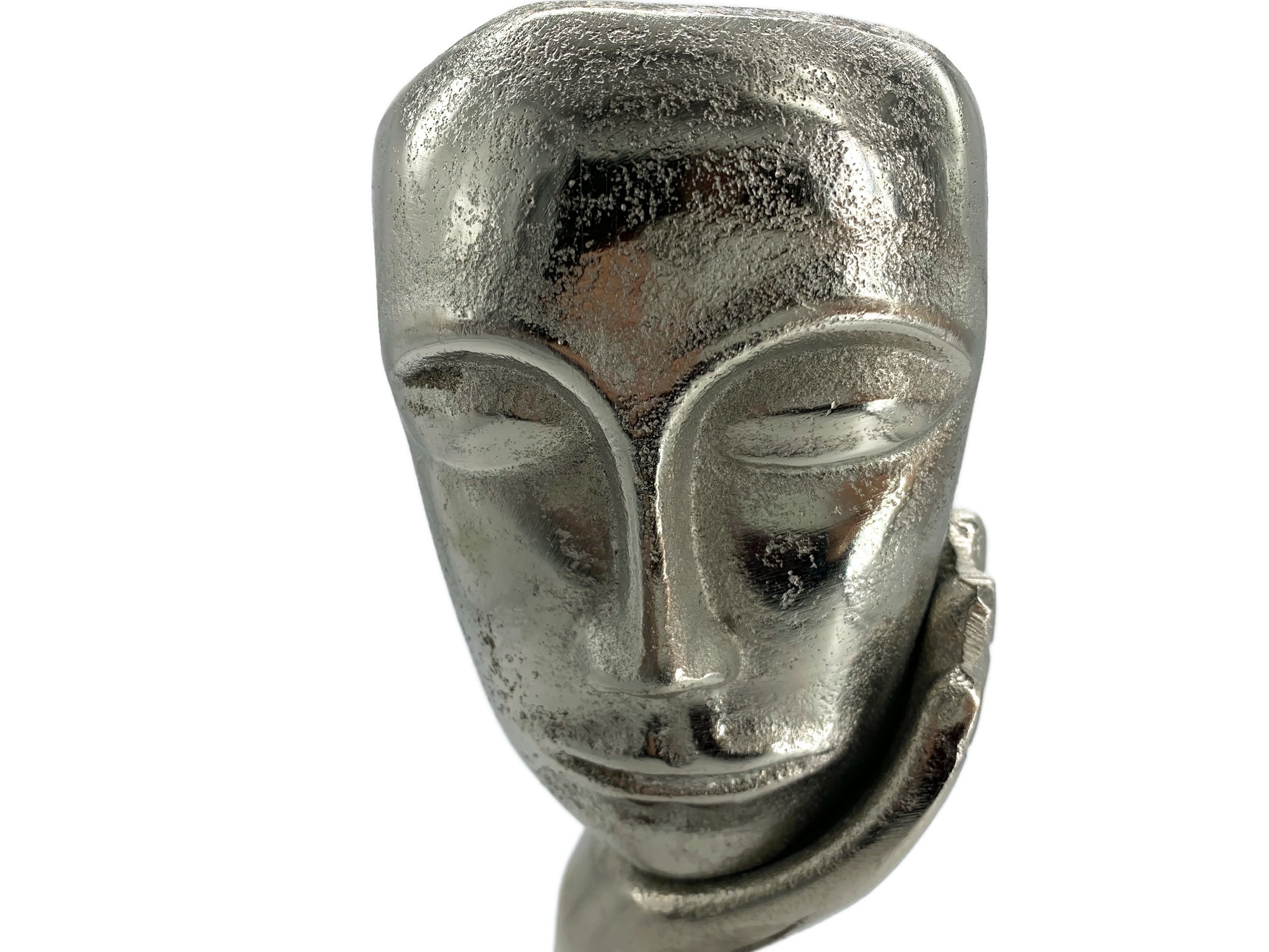 Skulptur Figur Maske In Gedanken Aluminium auf Mangoholz Sockel - Vorschau 3