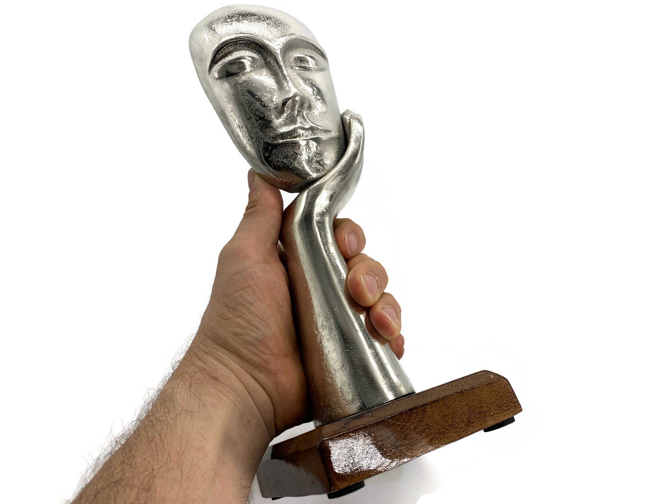 Skulptur Figur Maske In Gedanken Aluminium auf Mangoholz Sockel - Vorschau 2