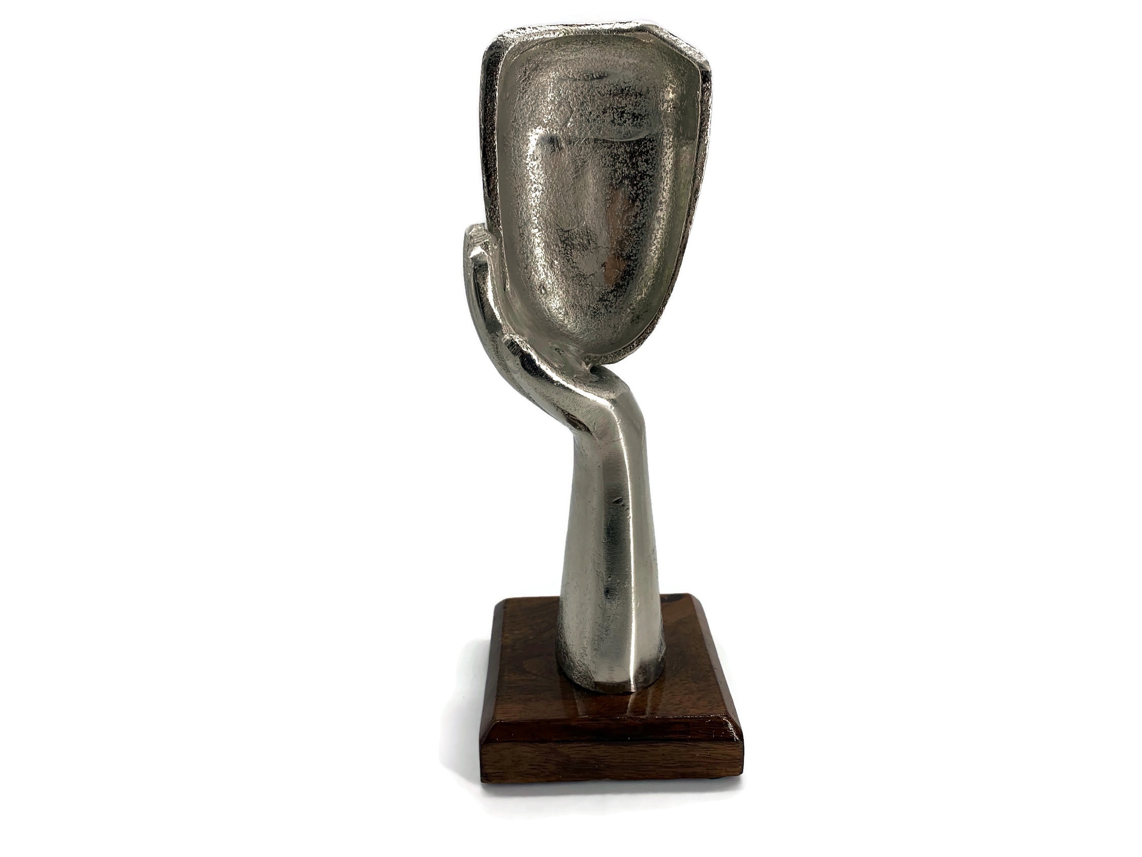 Skulptur Figur Maske In Gedanken Aluminium auf Mangoholz Sockel - Vorschau 6