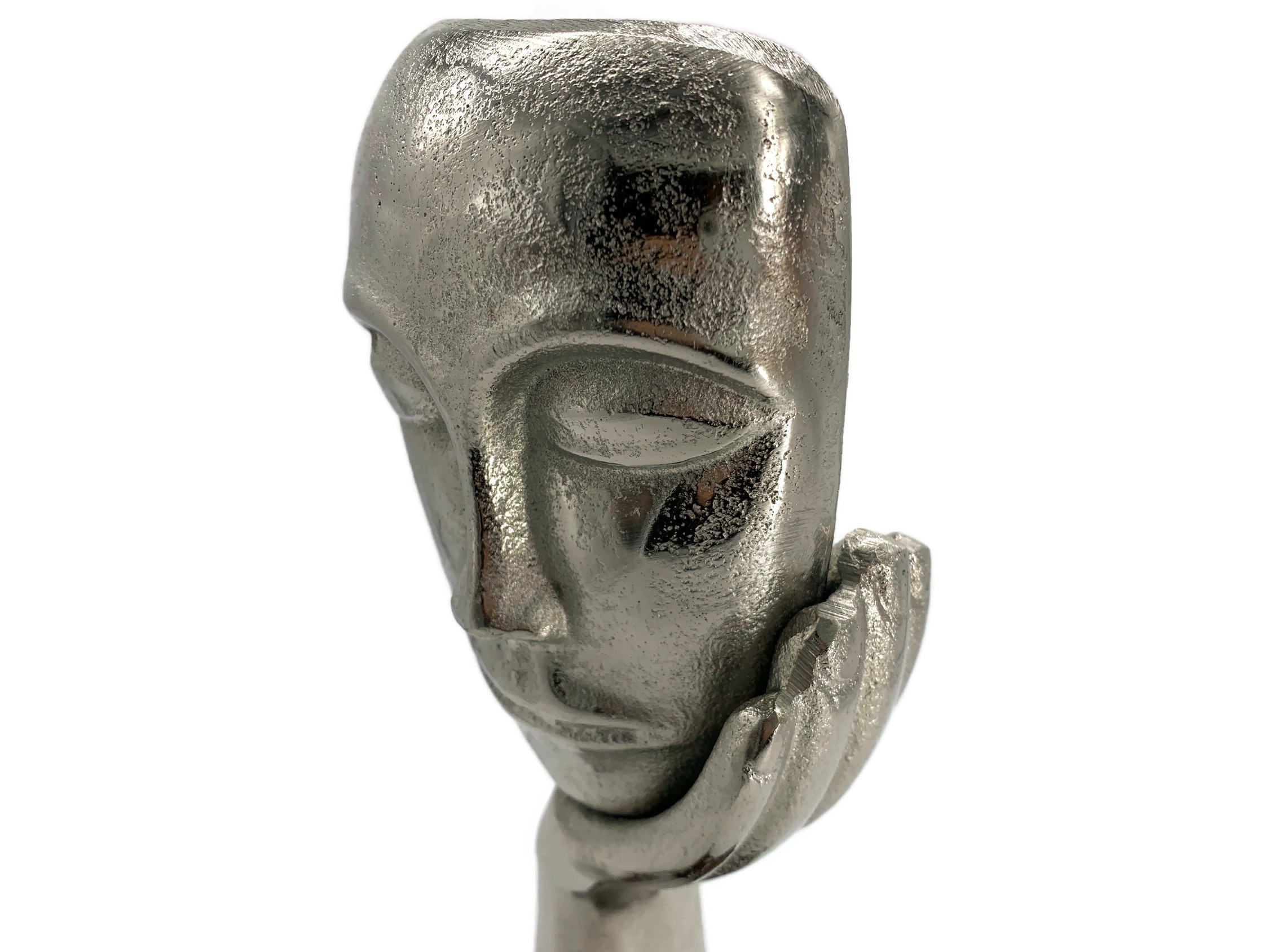Skulptur Figur Maske In Gedanken Aluminium auf Mangoholz Sockel - Vorschau 7