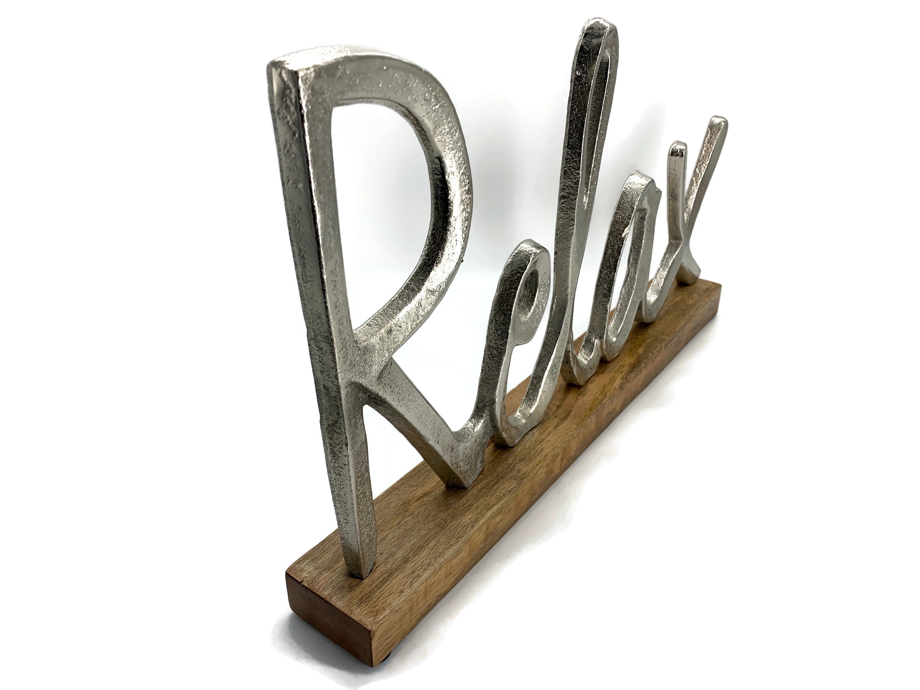 Schriftzug Relax Aluminium auf Mangoholz Sockel Deko Element für Wohnräume - Vorschau 7