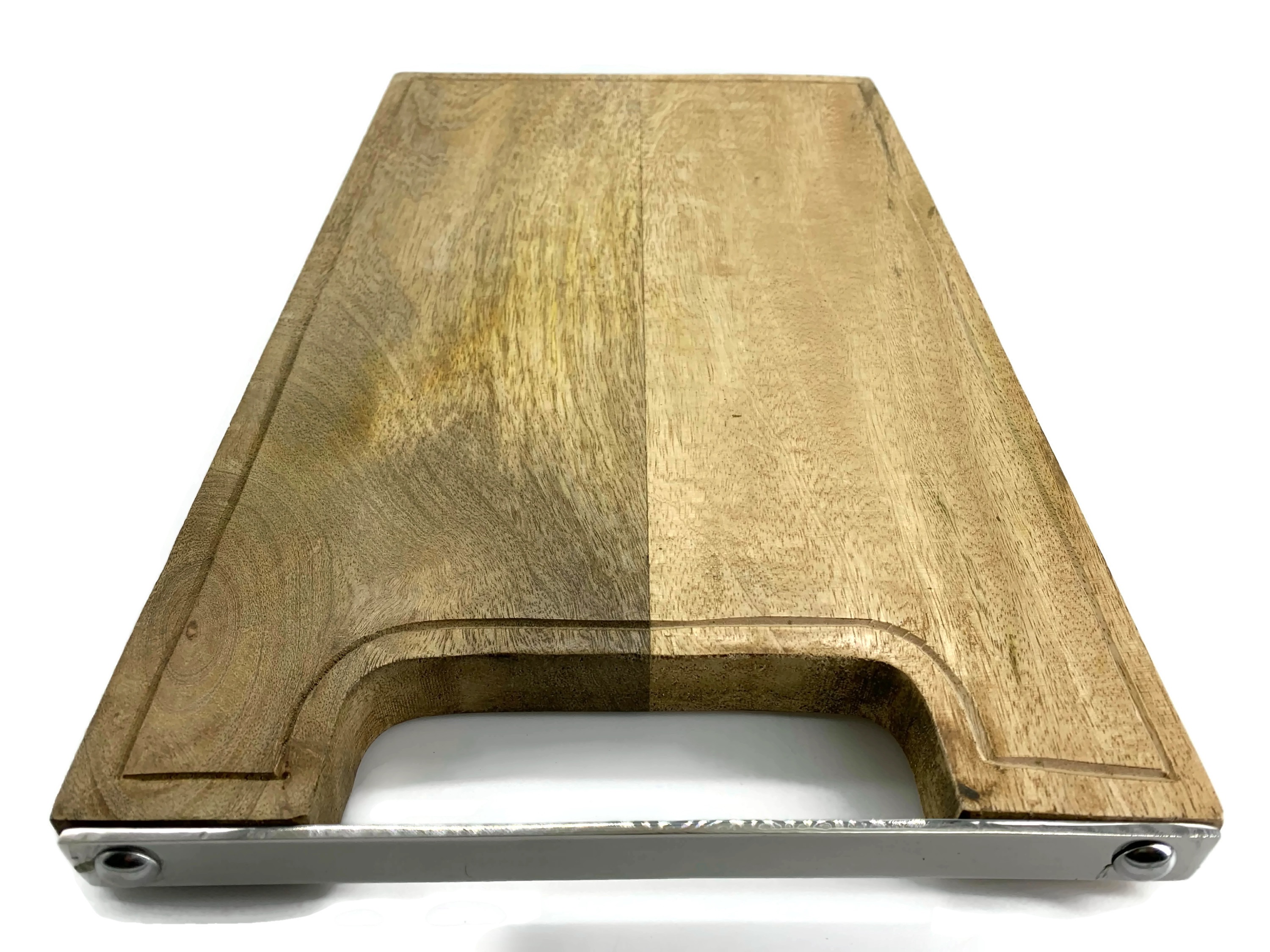 Schneidebrett Holz 40x25 cm aus Mangeoholz mit Rille und Edelstahlgriff Massivholz - Vorschau 3