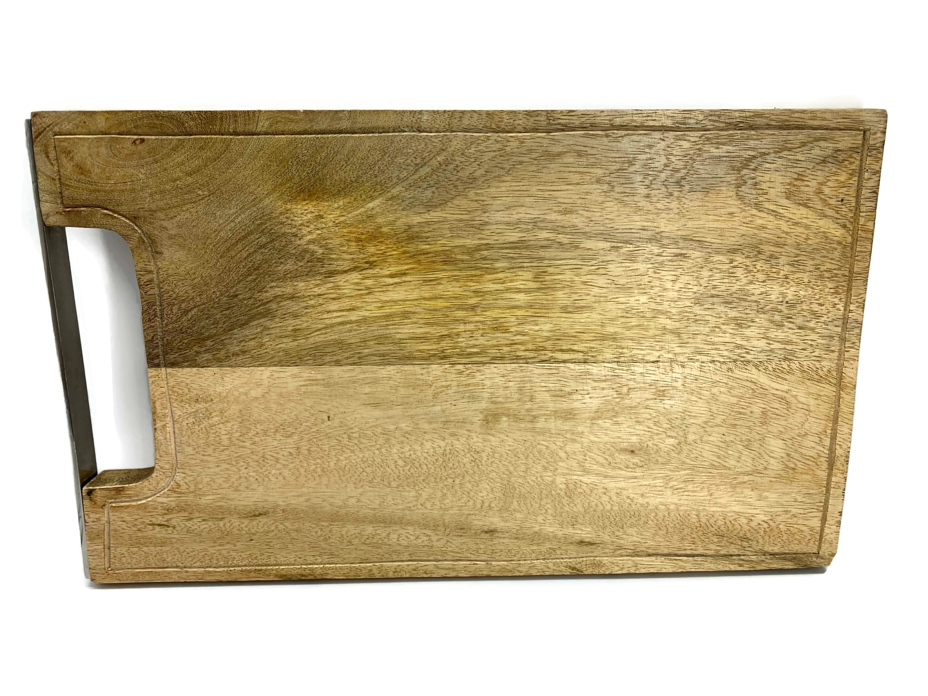 Schneidebrett Holz 40x25 cm aus Mangeoholz mit Rille und Edelstahlgriff Massivholz - Vorschau 4