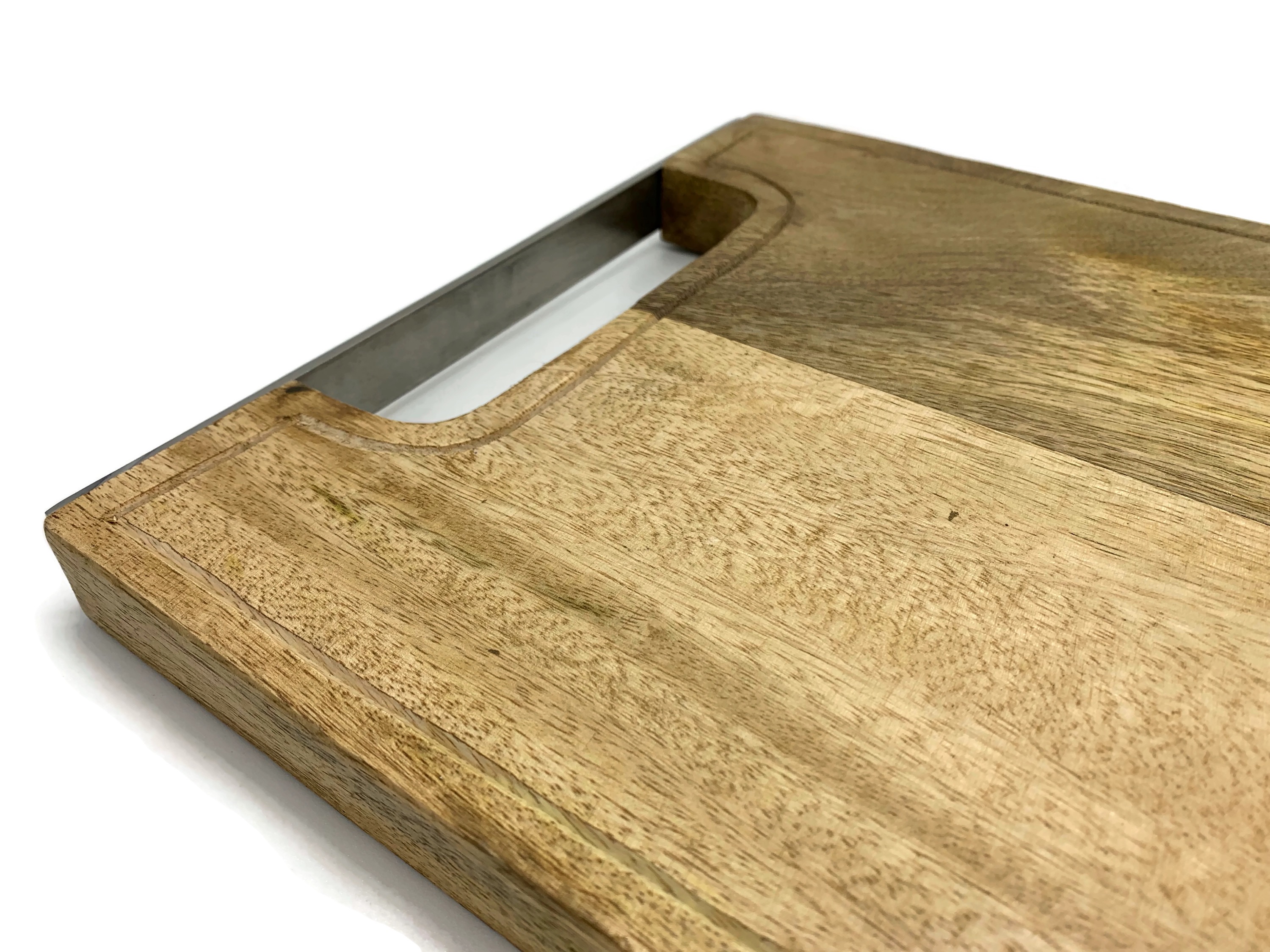 Schneidebrett Holz 40x25 cm aus Mangeoholz mit Rille und Edelstahlgriff Massivholz - Vorschau 5