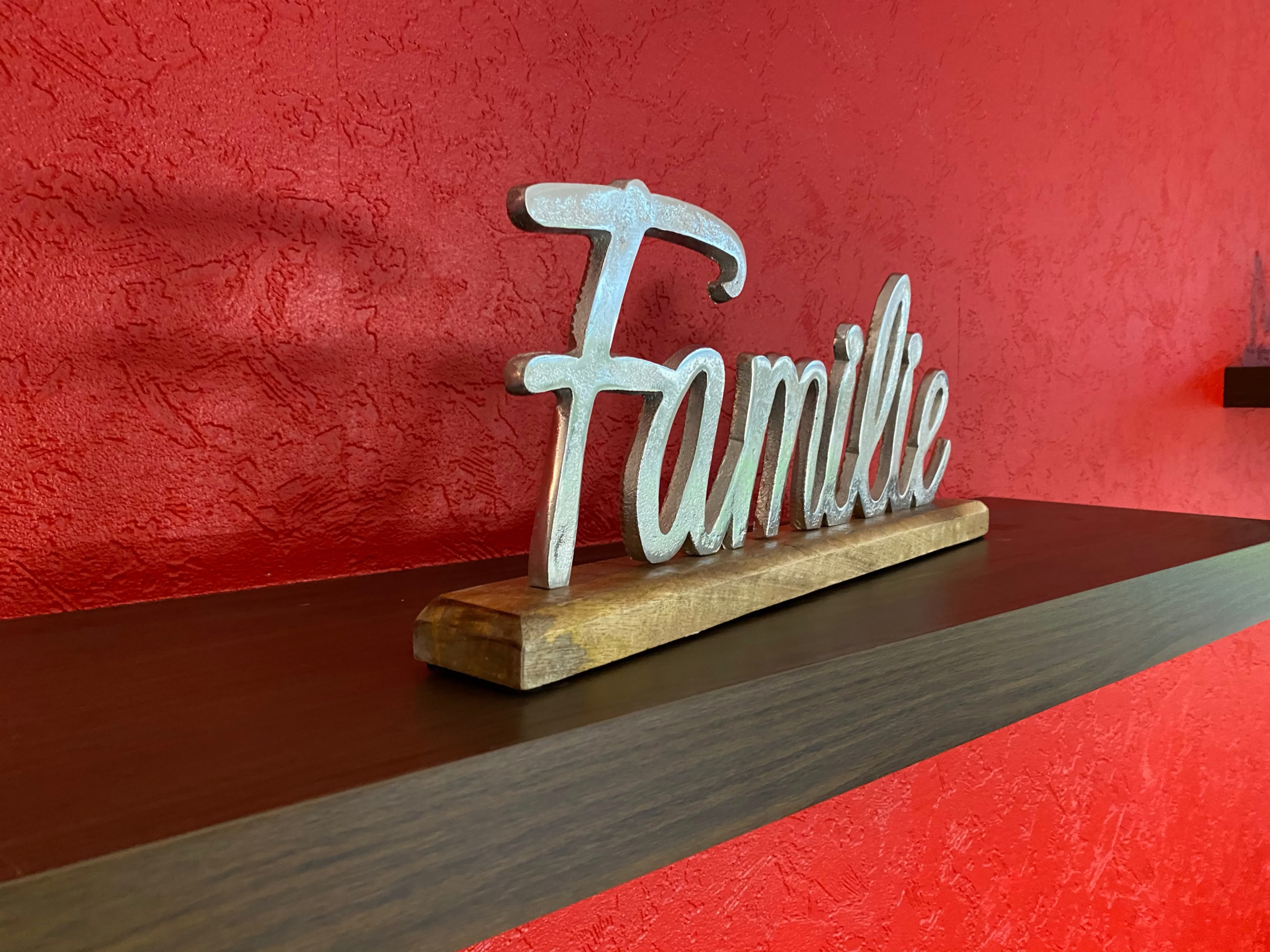 Schriftzug Familie Aluminium auf Mangoholz Sockel Deko Design - Vorschau 3
