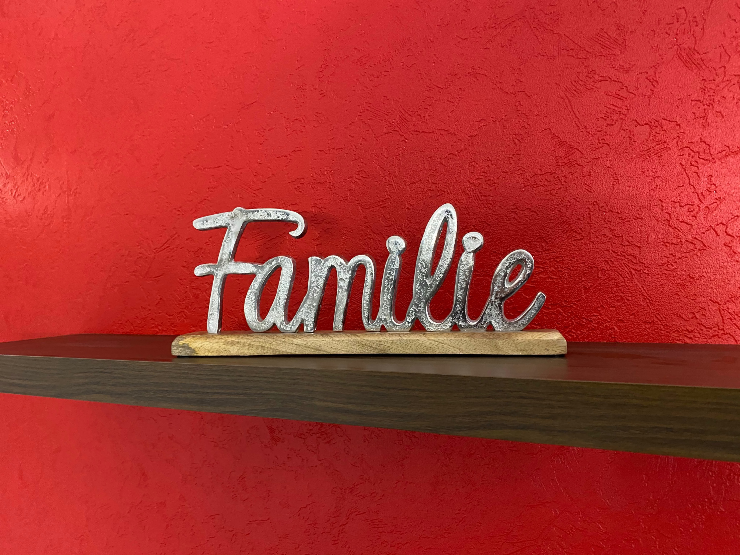 Schriftzug Familie Aluminium auf Mangoholz Sockel Deko Design - Vorschau 2