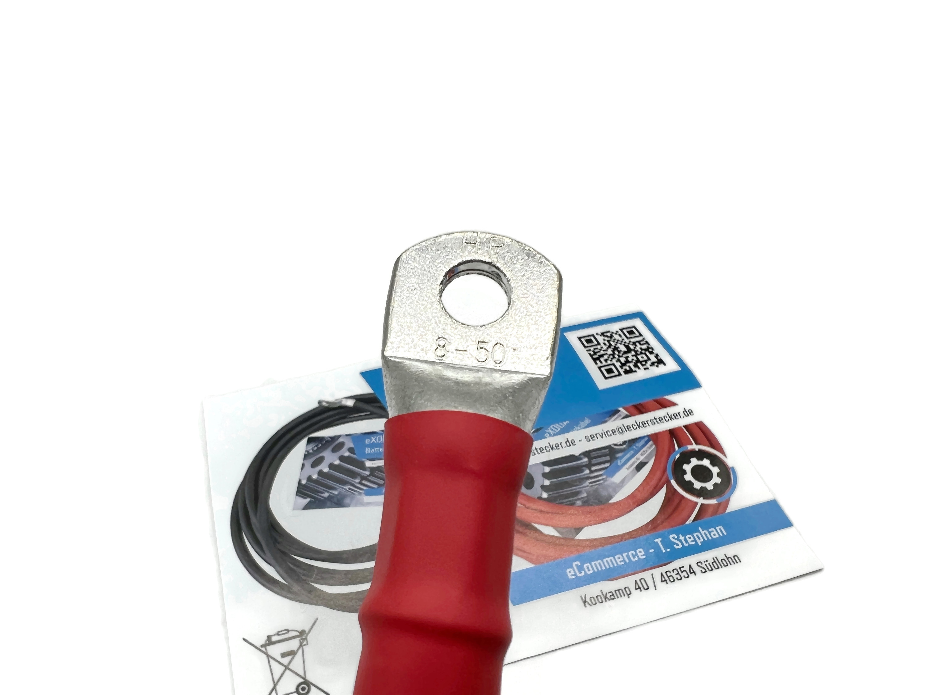 Kabel 50 mm² 50cm mit Schrumpfschlauch und M8 Kabelschuhen Rot für KFZ Motorräder Boote 99 Prozent Kupfer - Vorschau 3