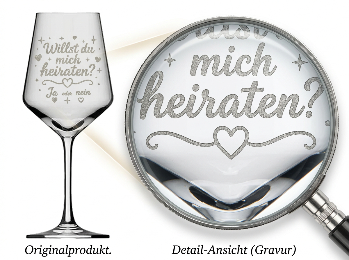 Weinglas Gravur Hochzeit Brautpaar Willst Du mich heiraten als zauberhafte Erinnerung