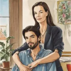 Carole Bouquet laughs at son Dimitri Rassam.