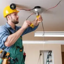 Ein Kabel hängt an der Decke, der Elektriker macht's kurz.