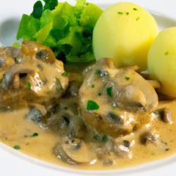 Receta clásica bávara de Knödel de patata con hierbas frescas y una salsa de champiñones sabrosa.